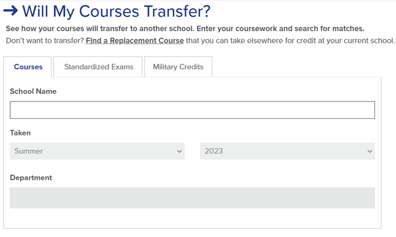 Screenshot of Transferology's course search window.