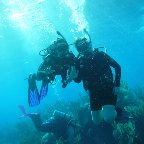 Peyton and another student diving under water.