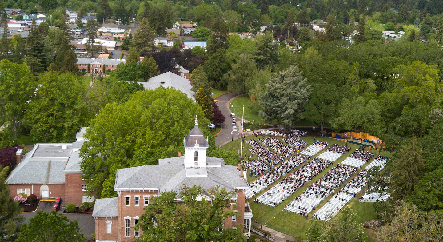 Aerial shot of Commencement in the Oak Grove.
