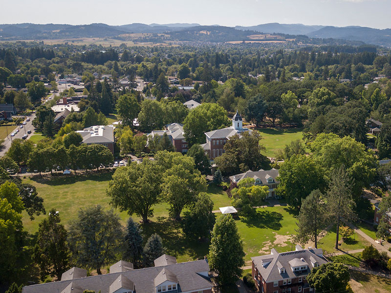 an aerial view of the Linfield University McMinnville Campus above Pioneer Hall