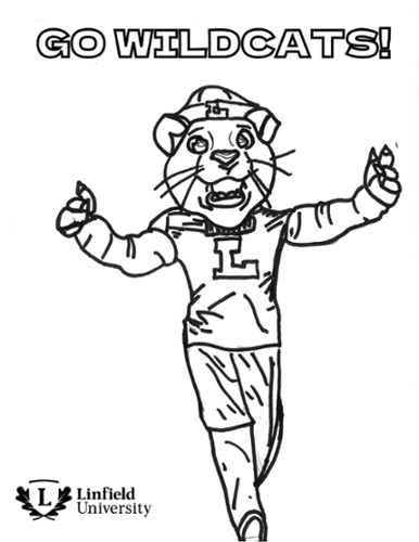 Coloring page of Mack the Wildcat with "Go Wildcats" in bold letters.