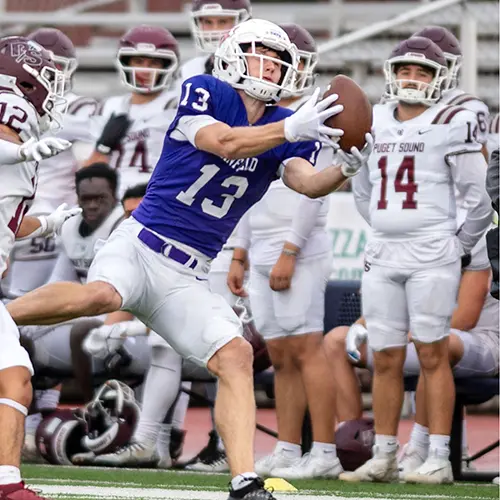 Linfield football player catching a pass.