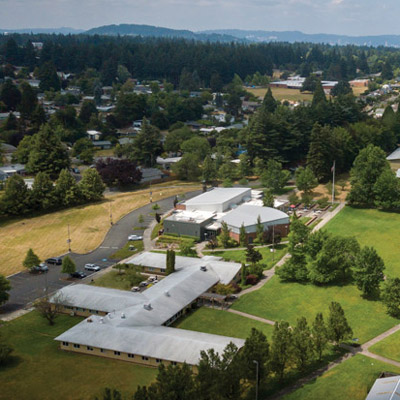 an aerial view of the Portland campus on a summer afternoon