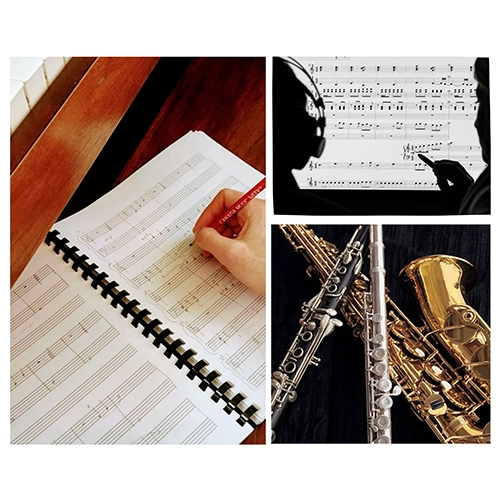 collage of sheet music and instruments.