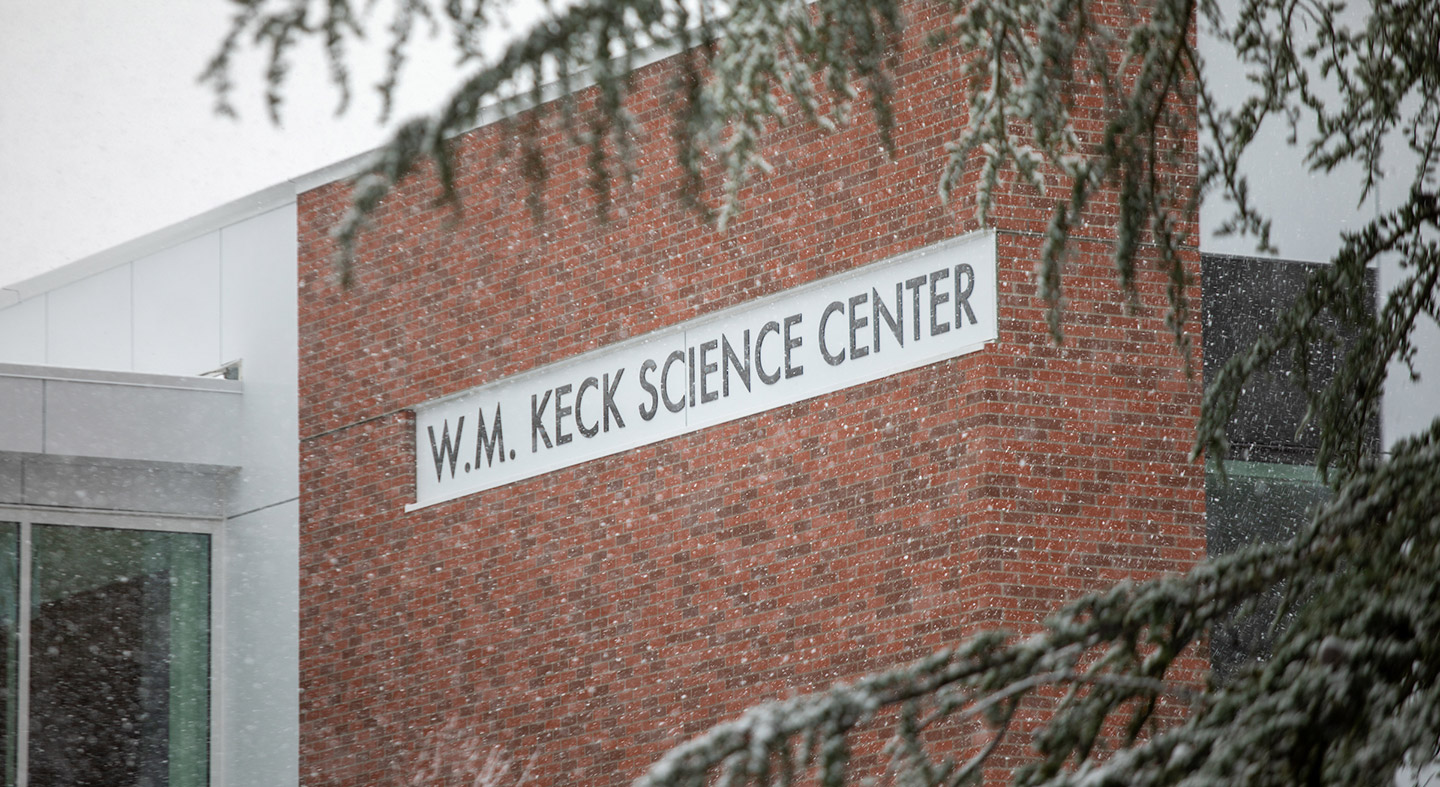 The W.M. Keck Science Center building on a snow day.