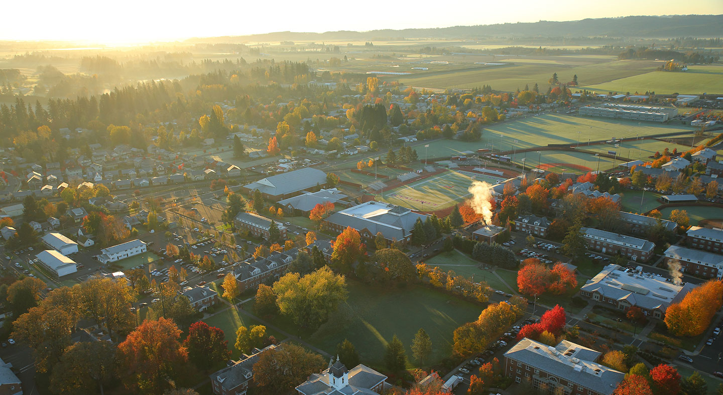 an aerial view of Linfield University McMinnville Campus in fall
