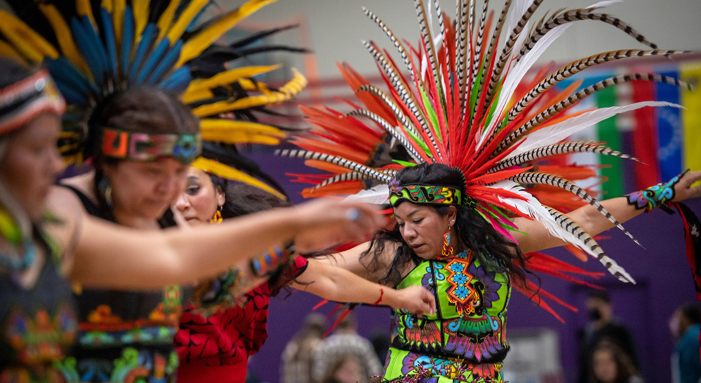 a vibrant performance of dancers at Linfield's 2021 Hispanic Heritage Celebracion