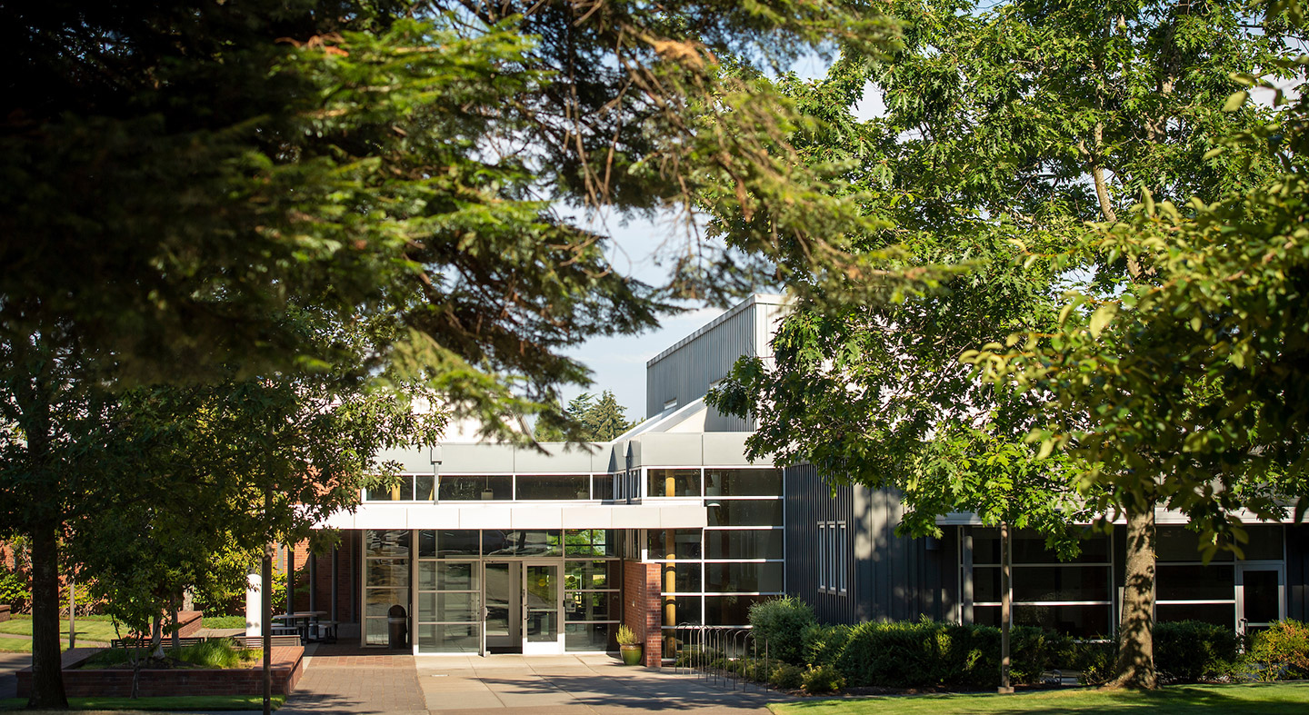 The entrance of building 2 on the Linfield University Portland Campus