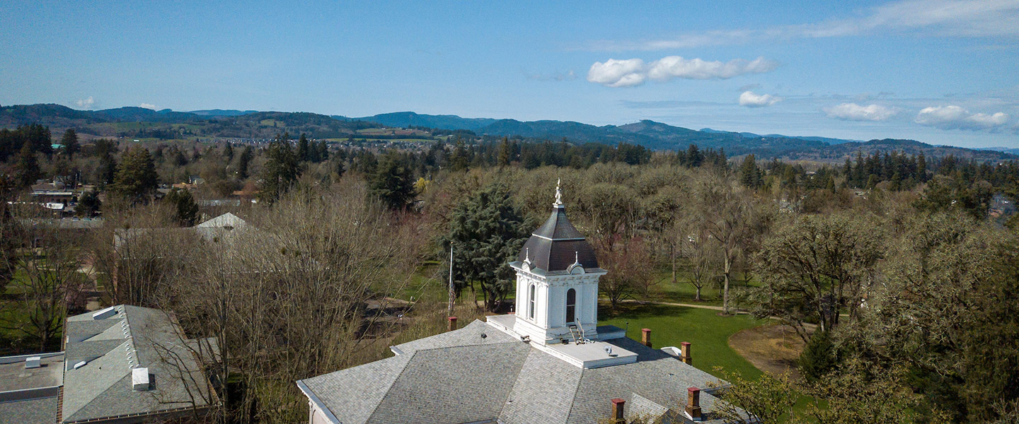 Aerial view of Linfield's McMinnville campus looking over Pioneer Hall.