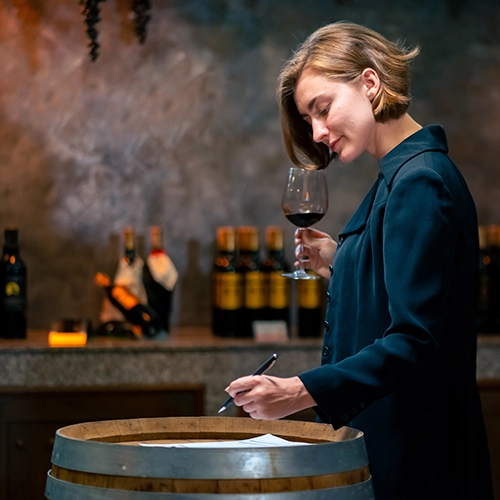 a wine professional standing in a cellar, writing notes.