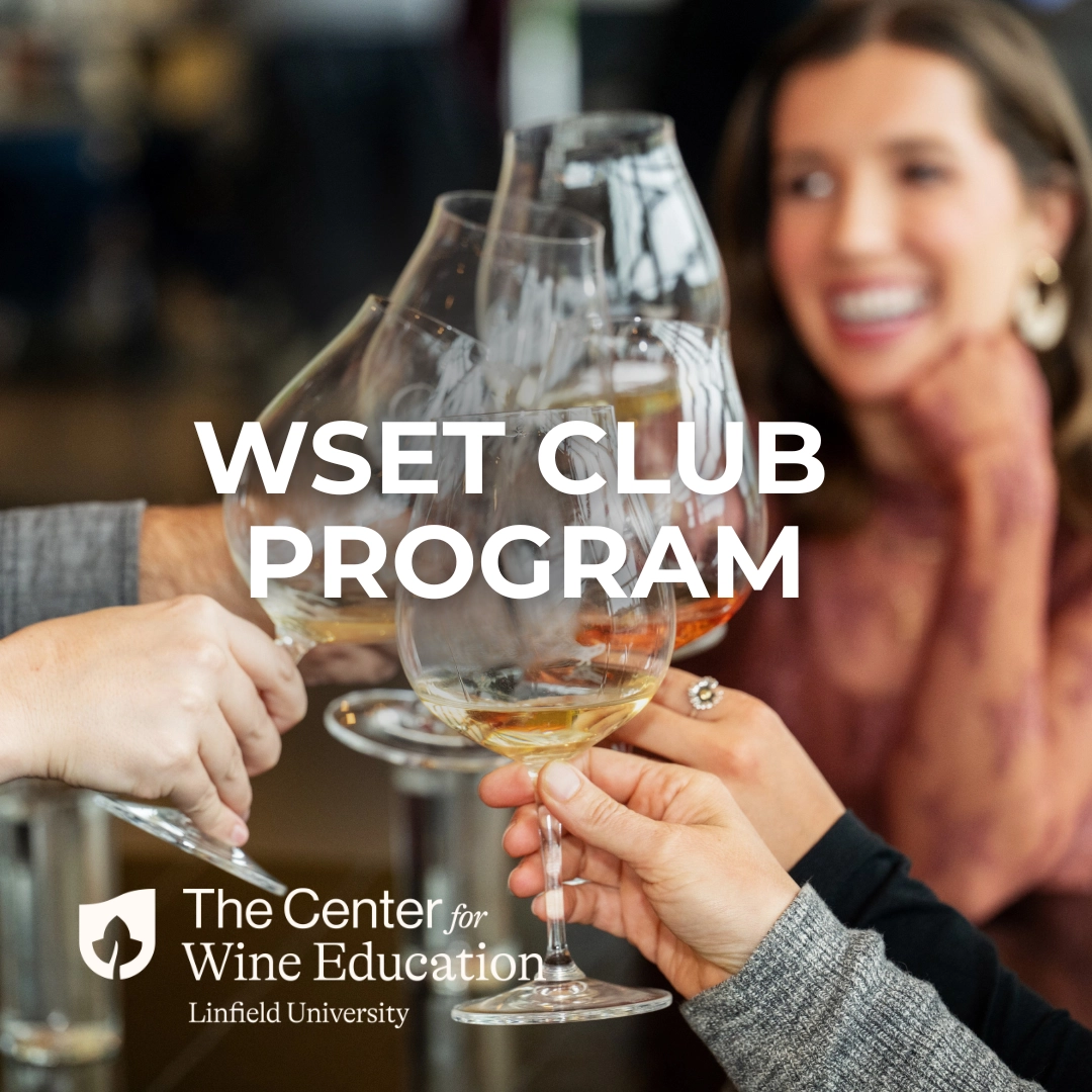 Wine program text over a photo of a group of people toasting wine glasses